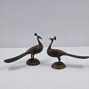 Vintage Brass Peacock Figurines Pair Etched Enamel Detail Green Eyes Mid Century